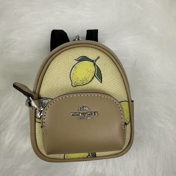 COACH Mini Court Backpack Bag Charm With Lemon Print In Canvas Yellow CAP03 NWT - Picture 2 of 7